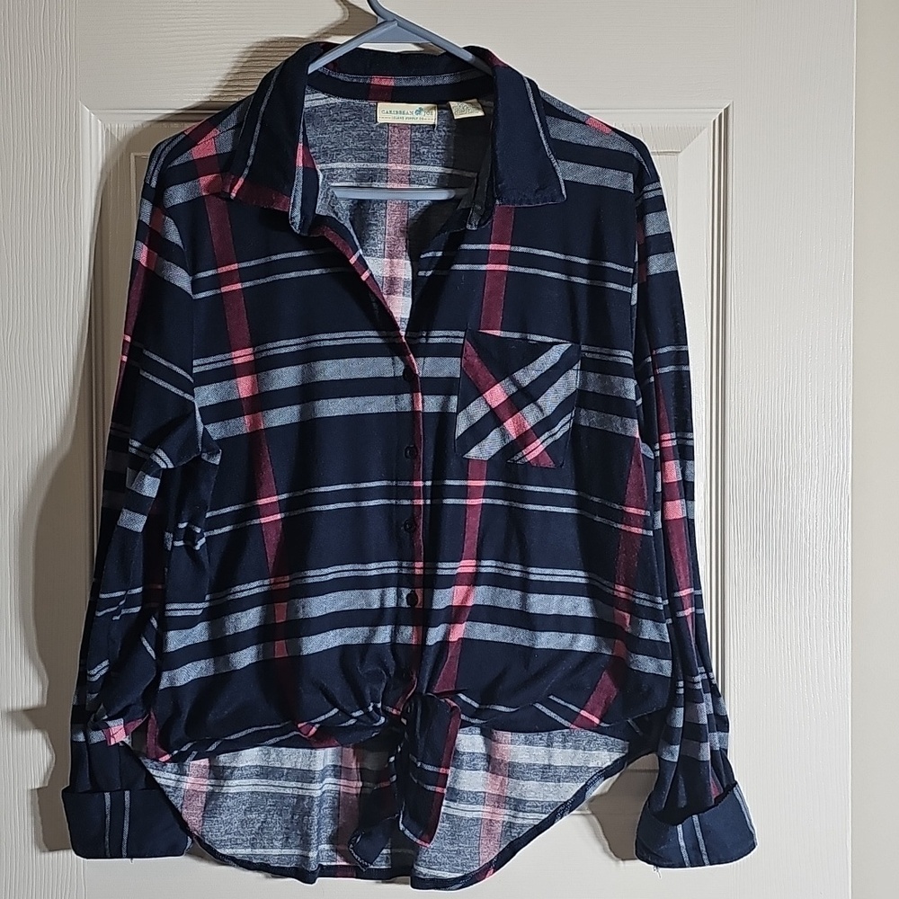 Caribbean Joe Tie Front Flannel Long Sleeve Shirt Blue Red Soft Size XL